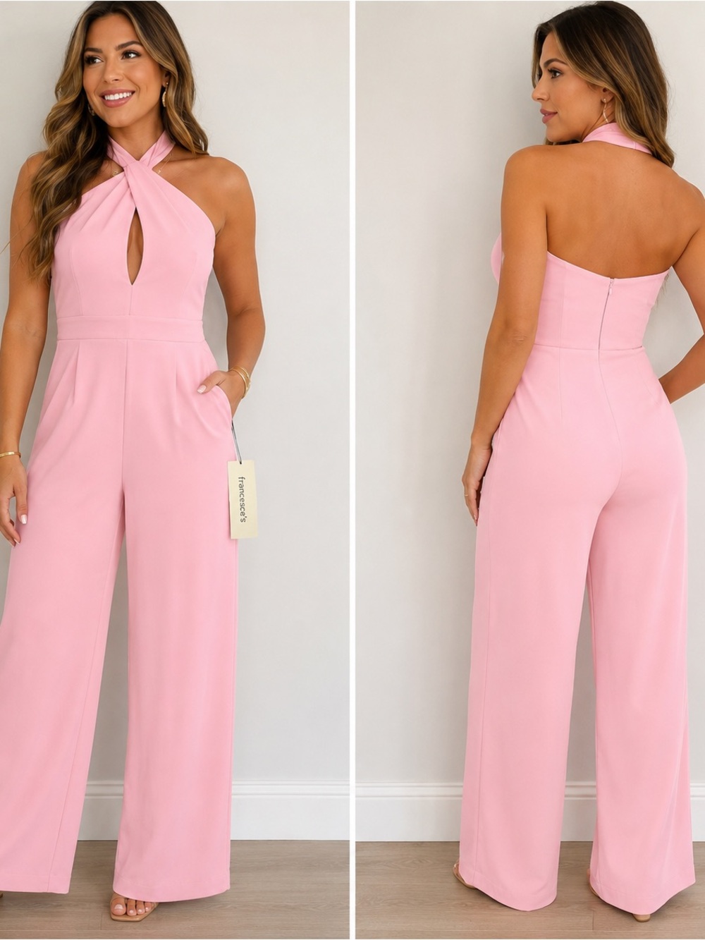 Francesca’s Pink Halter with keyhole Jumpsuit XL Wide Leg Women’s